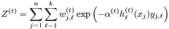 \[ Z^{(t)} = \sum_{j=1}^n \sum_{\ell=1}^k w^{(t)}_{j, \ell} \exp \left( -\alpha^{(t)} h_\ell^{(t)}(x_j) y_{j, \ell} \right) \]